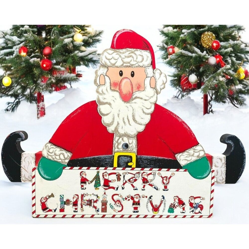 Vintage Santa's Greeting Merry Christmas Wood Sign House of Lloyd Shelf Sitter